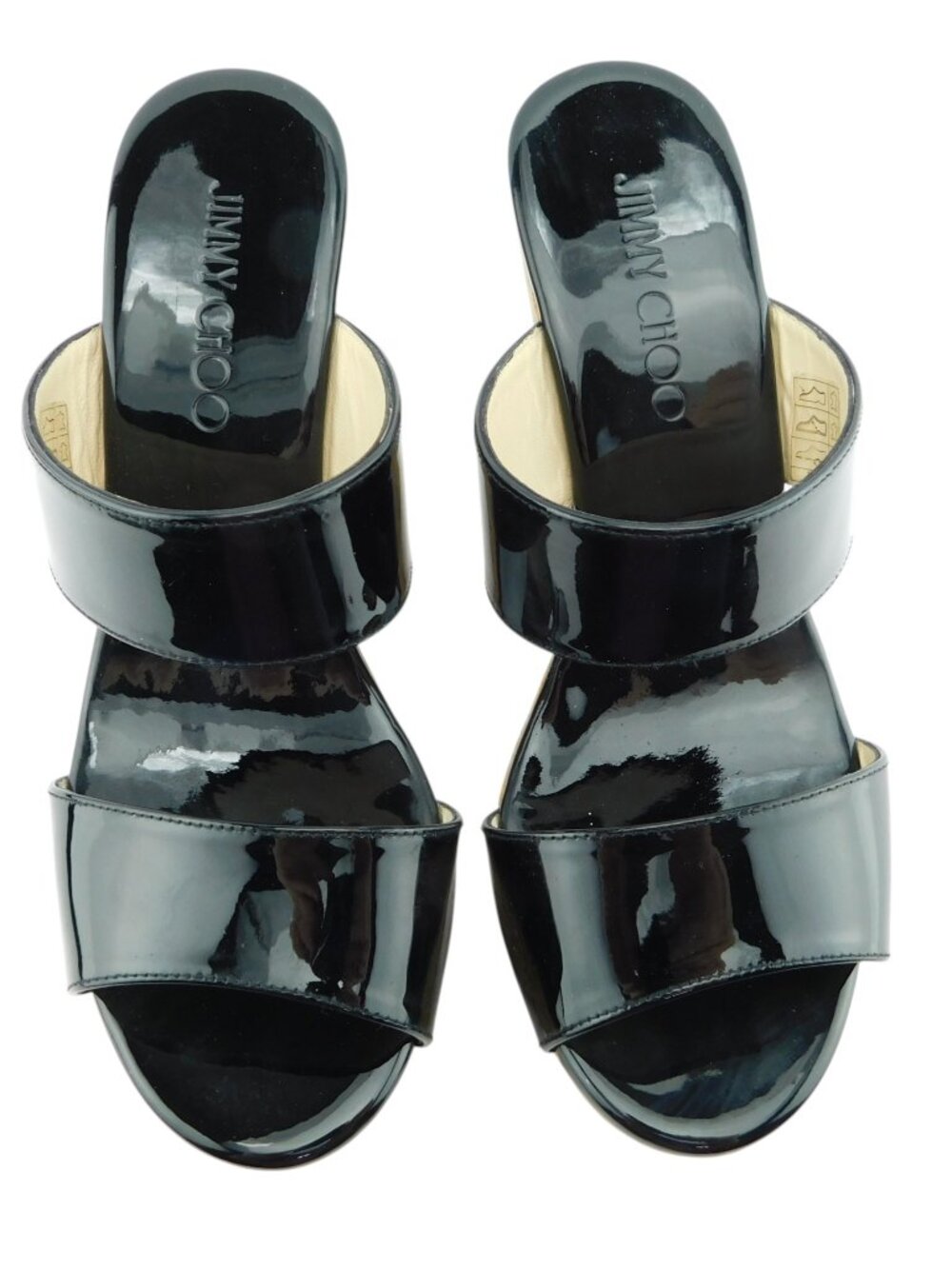 JIMMY CHOO Black Patent Leather Cork Wedge Heel Slide Sandals 38